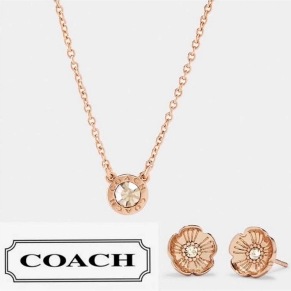 Coach Rose Gold Open Circle Necklace and Tea Rose Stud Earrings Set NWT - Picture 2 of 8